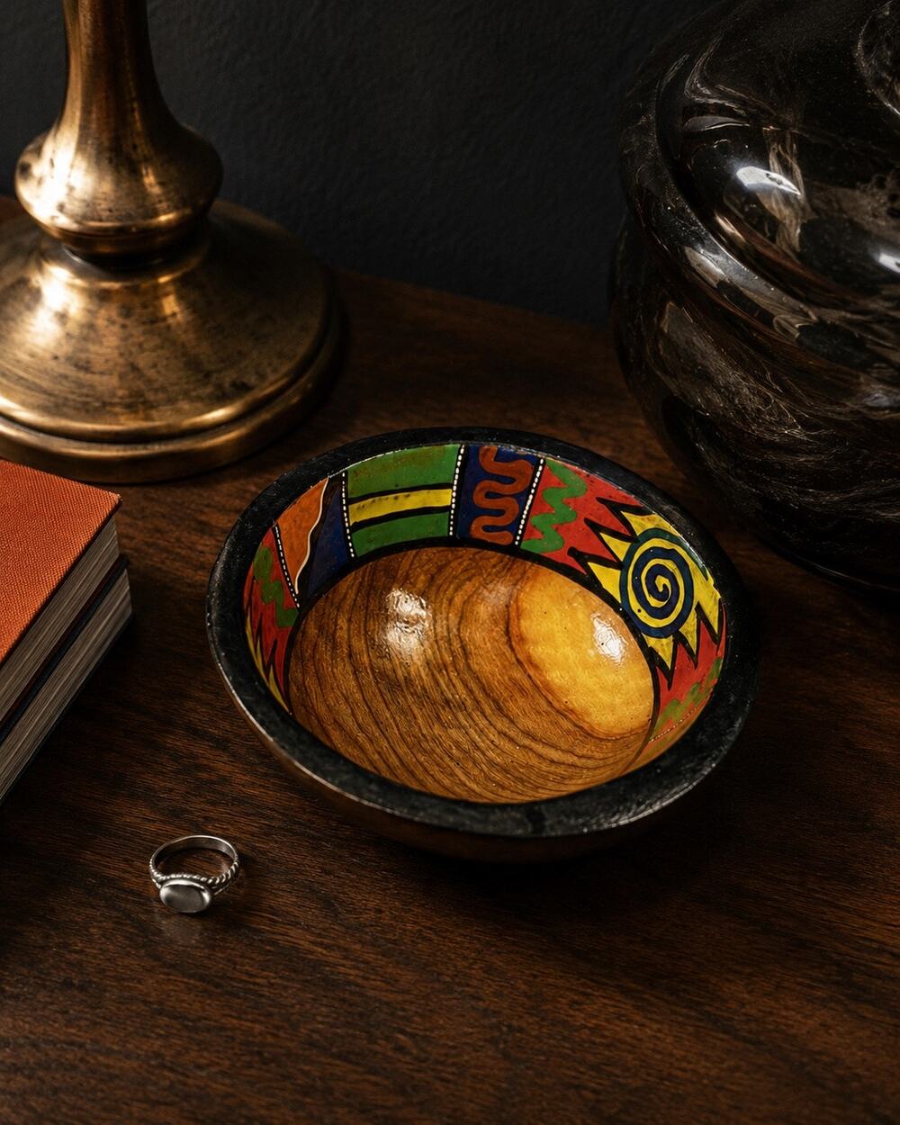 Hand Painted Wooden Trinket Bowl 4” Geometric Folk Art Ring Dish